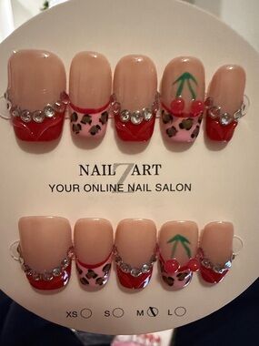 Cherry Accent Red and Nude handmade Press-On Nails